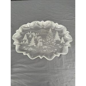 Vtg  frosted 17 in‎ Glass platter etching little girl decorating holiday tree